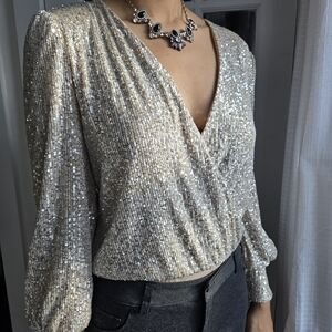 Glamorous Champagne Sequined Top/Bodysuit Size M (New With Tags)